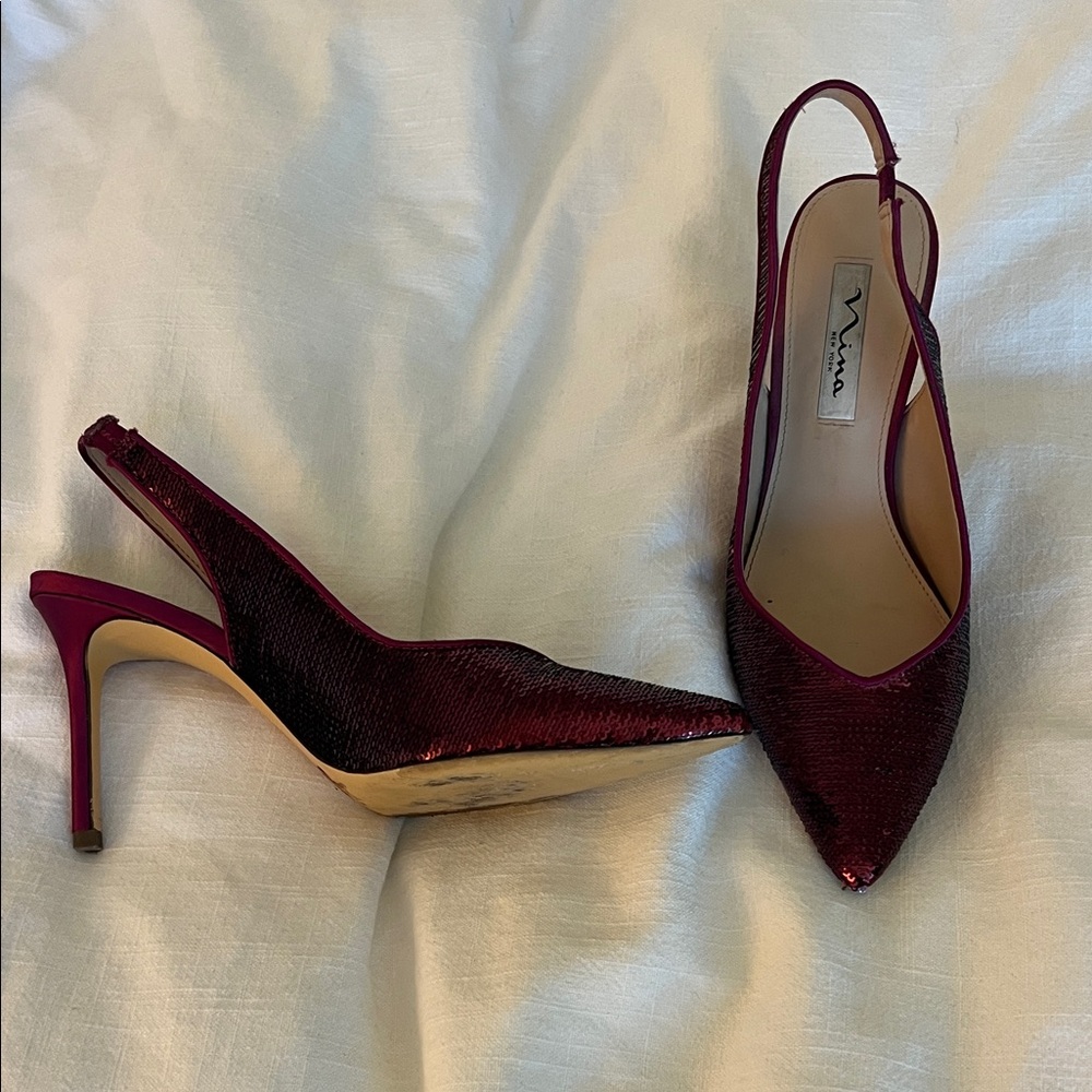 Nina Burgundy Sequin Slingback Heels